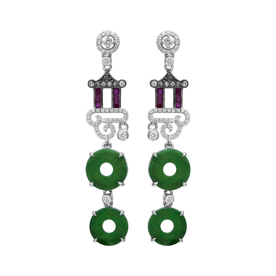 《翠檐》翡翠红宝石钻石耳坠